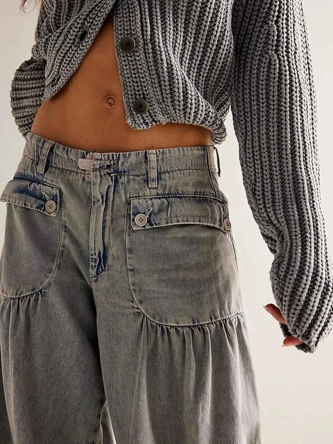loveimgs Women Ruffle Denim Pants Pleated Wide Leg Jeans Baggy Cargo Harem Pants Mid Rise Sweatpants Tie Bottom