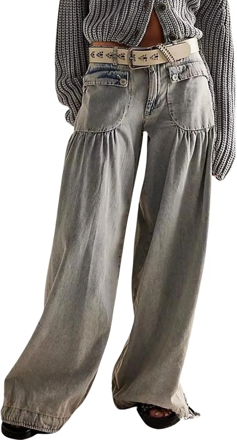 loveimgs Women Ruffle Denim Pants Pleated Wide Leg Jeans Baggy Cargo Harem Pants Mid Rise Sweatpants Tie Bottom