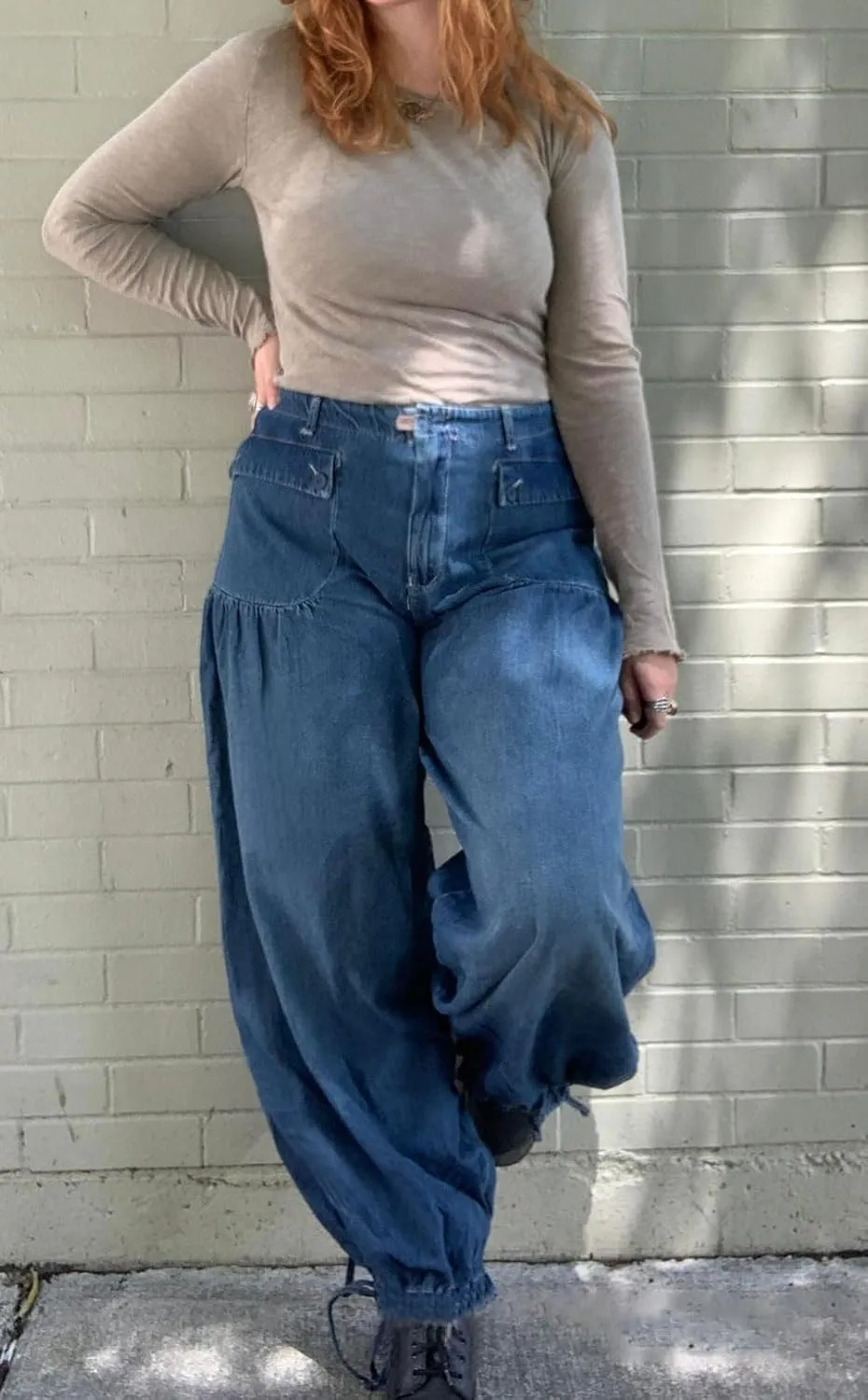 loveimgs Women Ruffle Denim Pants Pleated Wide Leg Jeans Baggy Cargo Harem Pants Mid Rise Sweatpants Tie Bottom