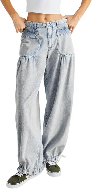 loveimgs Women Ruffle Denim Pants Pleated Wide Leg Jeans Baggy Cargo Harem Pants Mid Rise Sweatpants Tie Bottom