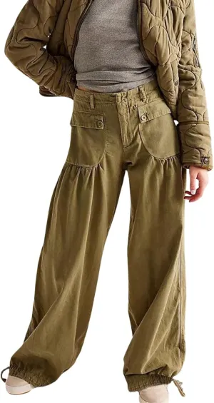 loveimgs Women Ruffle Denim Pants Pleated Wide Leg Jeans Baggy Cargo Harem Pants Mid Rise Sweatpants Tie Bottom