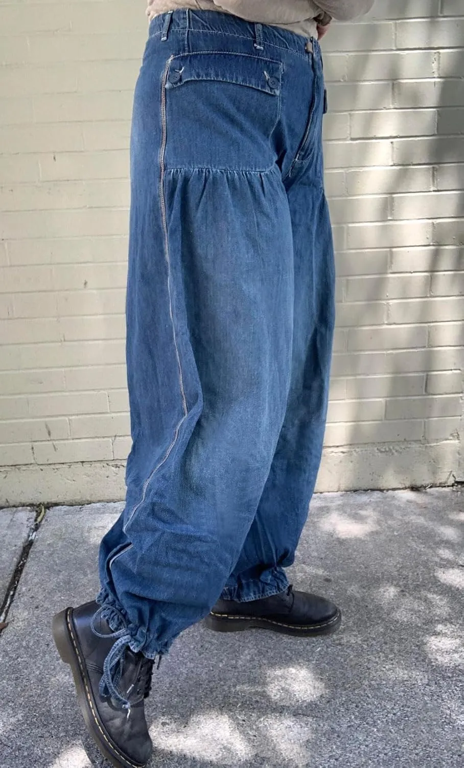 loveimgs Women Ruffle Denim Pants Pleated Wide Leg Jeans Baggy Cargo Harem Pants Mid Rise Sweatpants Tie Bottom