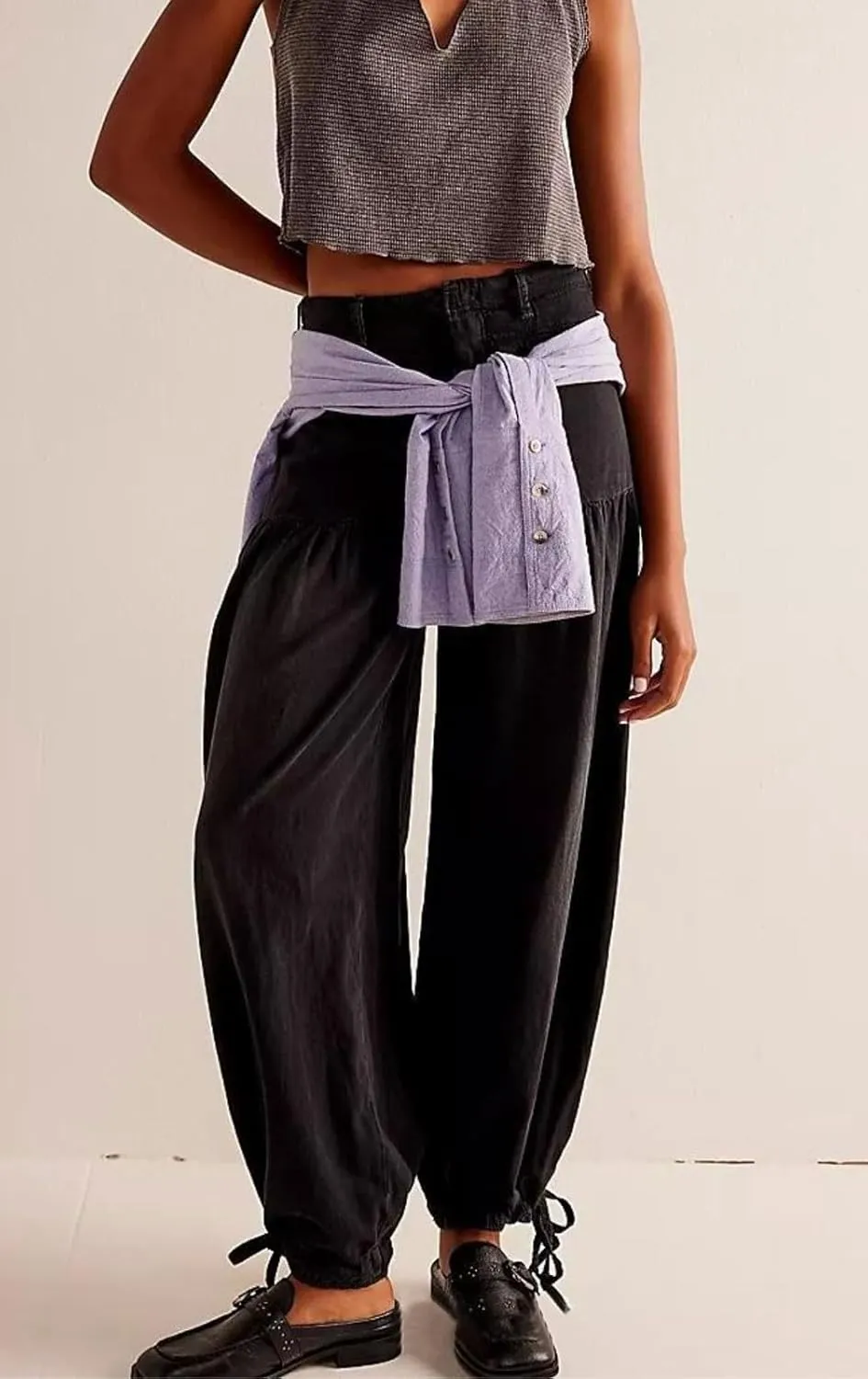 loveimgs Women Ruffle Denim Pants Pleated Wide Leg Jeans Baggy Cargo Harem Pants Mid Rise Sweatpants Tie Bottom