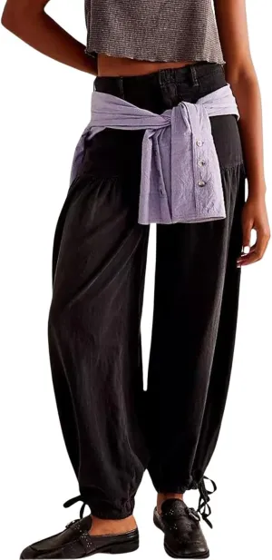 loveimgs Women Ruffle Denim Pants Pleated Wide Leg Jeans Baggy Cargo Harem Pants Mid Rise Sweatpants Tie Bottom