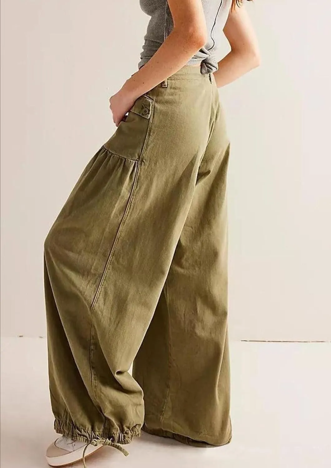 loveimgs Women Ruffle Denim Pants Pleated Wide Leg Jeans Baggy Cargo Harem Pants Mid Rise Sweatpants Tie Bottom