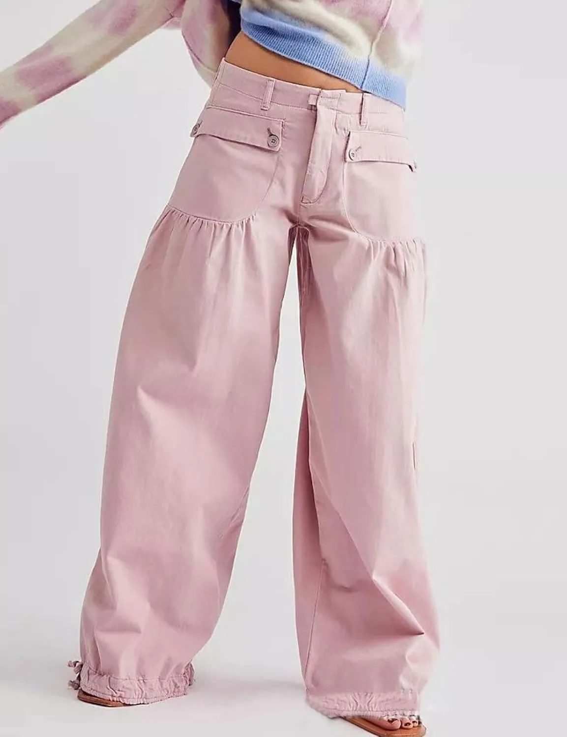 loveimgs Women Ruffle Denim Pants Pleated Wide Leg Jeans Baggy Cargo Harem Pants Mid Rise Sweatpants Tie Bottom