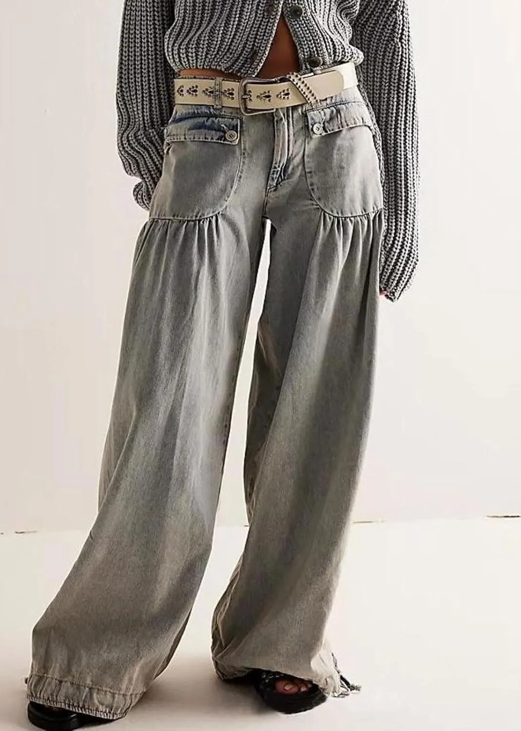 loveimgs Women Ruffle Denim Pants Pleated Wide Leg Jeans Baggy Cargo Harem Pants Mid Rise Sweatpants Tie Bottom