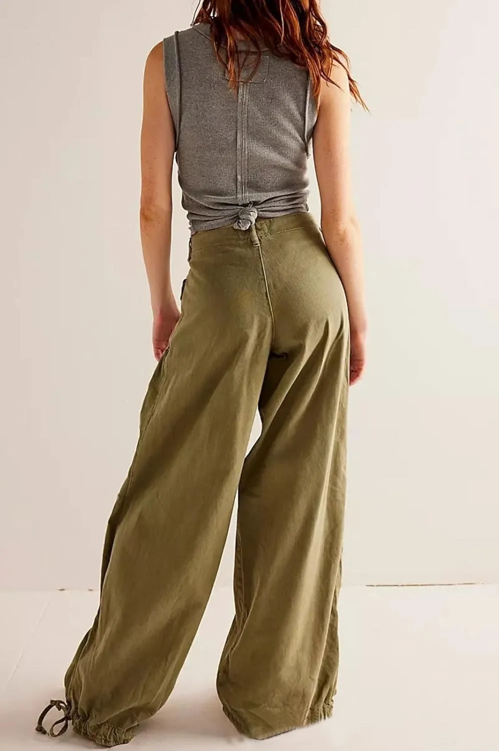 loveimgs Women Ruffle Denim Pants Pleated Wide Leg Jeans Baggy Cargo Harem Pants Mid Rise Sweatpants Tie Bottom