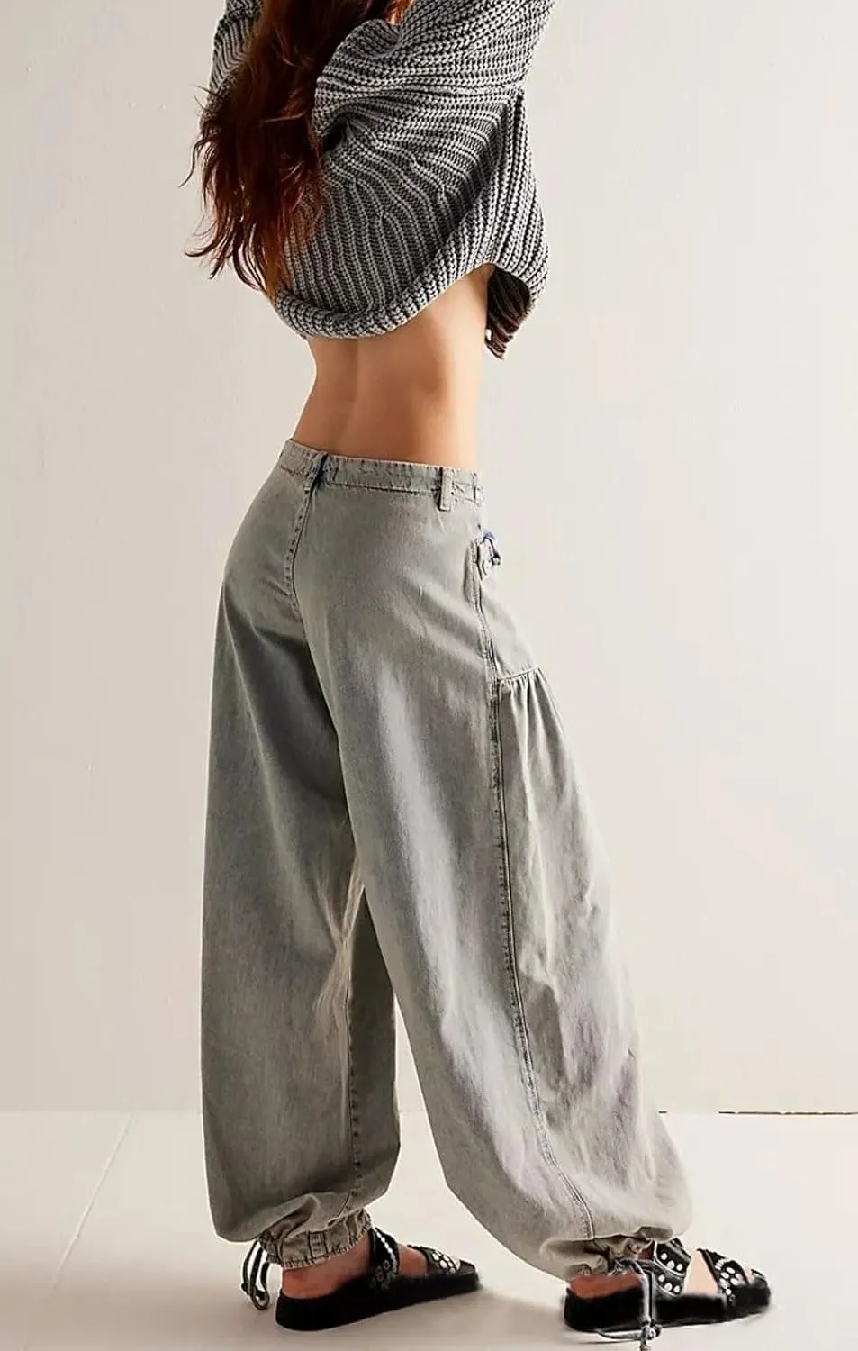 loveimgs Women Ruffle Denim Pants Pleated Wide Leg Jeans Baggy Cargo Harem Pants Mid Rise Sweatpants Tie Bottom