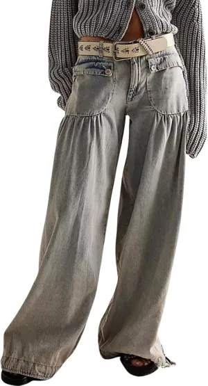 loveimgs Women Ruffle Denim Pants Pleated Wide Leg Jeans Baggy Cargo Harem Pants Mid Rise Sweatpants Tie Bottom