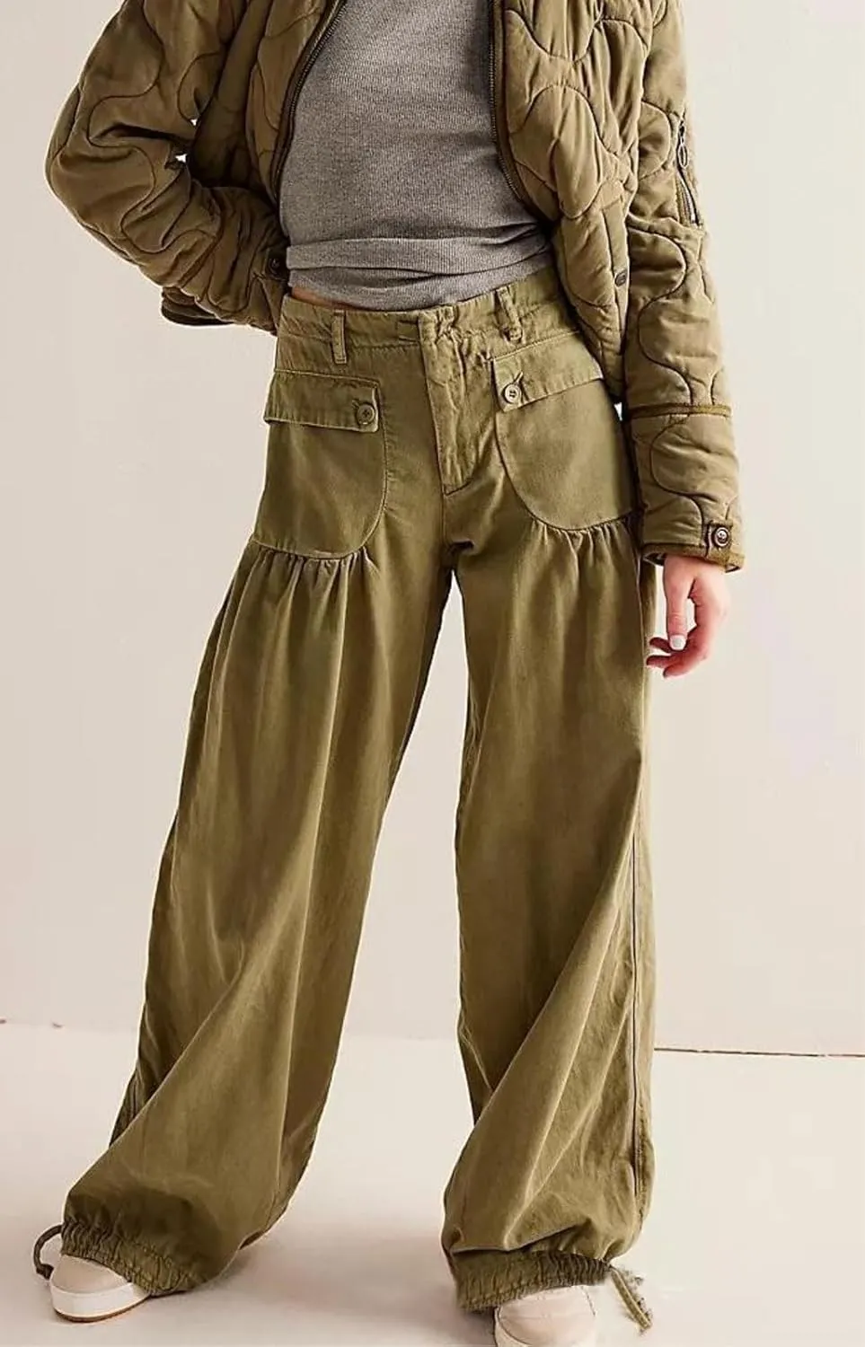 loveimgs Women Ruffle Denim Pants Pleated Wide Leg Jeans Baggy Cargo Harem Pants Mid Rise Sweatpants Tie Bottom