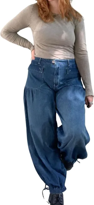 loveimgs Women Ruffle Denim Pants Pleated Wide Leg Jeans Baggy Cargo Harem Pants Mid Rise Sweatpants Tie Bottom
