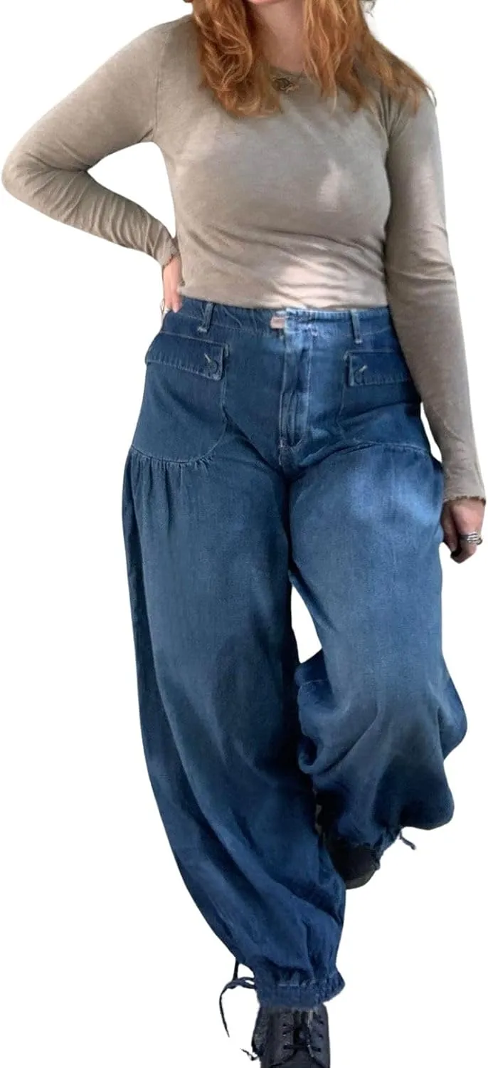 loveimgs Women Ruffle Denim Pants Pleated Wide Leg Jeans Baggy Cargo Harem Pants Mid Rise Sweatpants Tie Bottom
