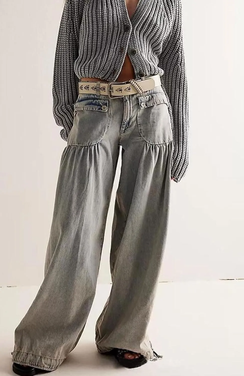 loveimgs Women Ruffle Denim Pants Pleated Wide Leg Jeans Baggy Cargo Harem Pants Mid Rise Sweatpants Tie Bottom