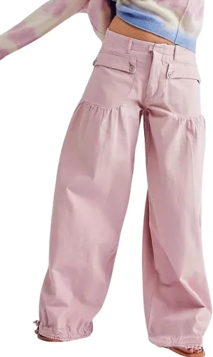loveimgs Women Ruffle Denim Pants Pleated Wide Leg Jeans Baggy Cargo Harem Pants Mid Rise Sweatpants Tie Bottom