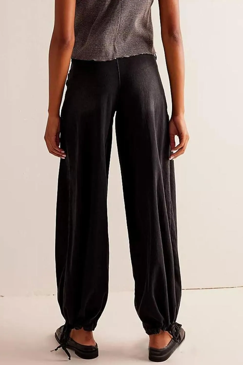 loveimgs Women Ruffle Denim Pants Pleated Wide Leg Jeans Baggy Cargo Harem Pants Mid Rise Sweatpants Tie Bottom