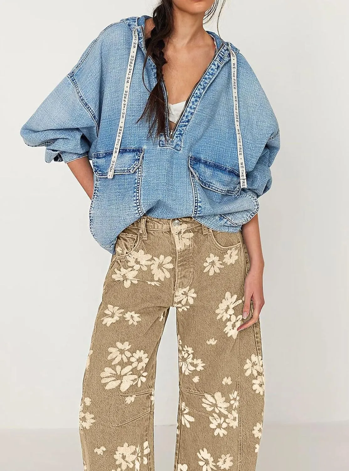 loveimgs Women Y2k Distressed Barrel Jeans Baggy Wide Leg Jeans Floral Printed Boyfriend Patchwork Denim Pants