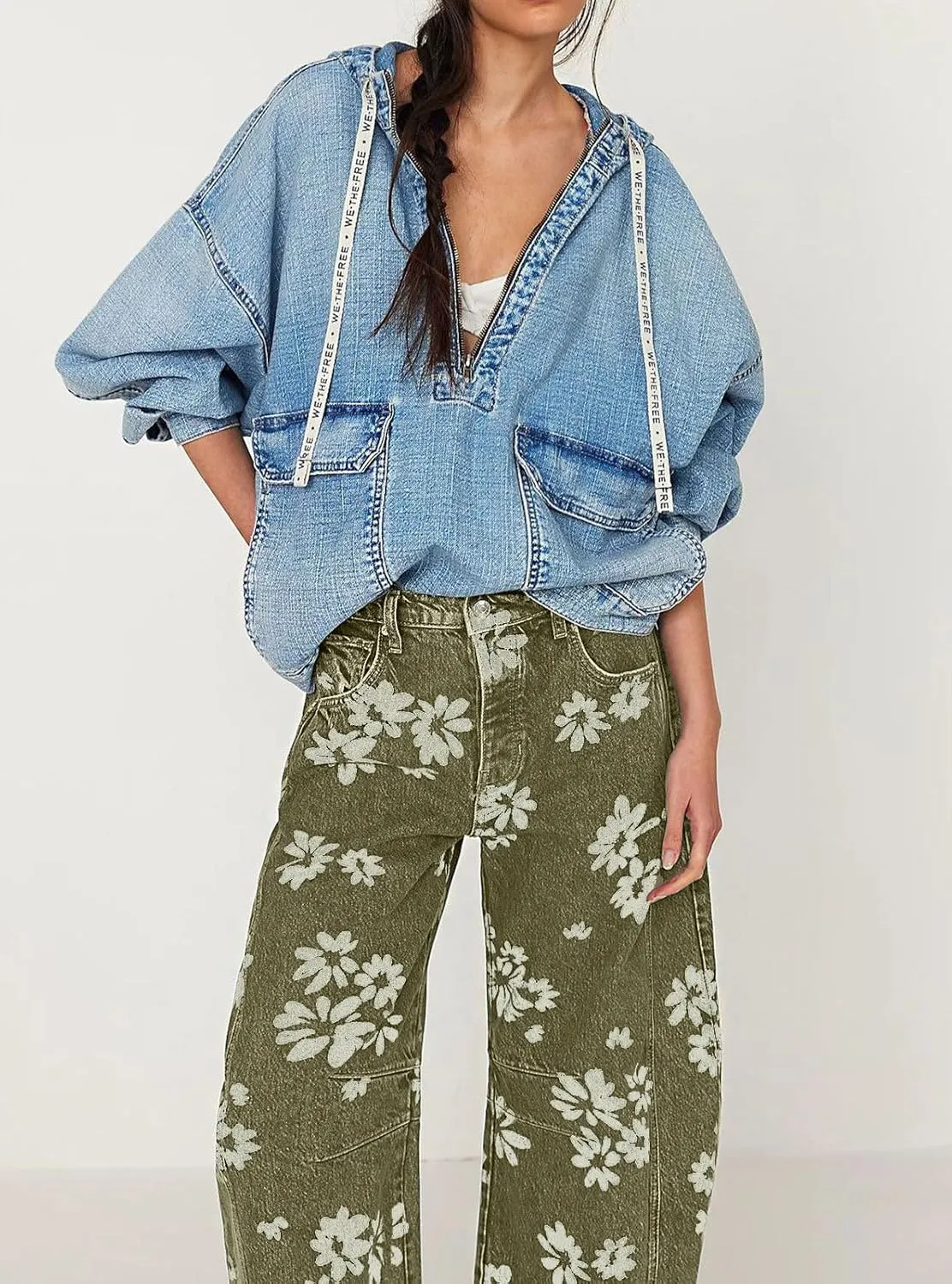 loveimgs Women Y2k Distressed Barrel Jeans Baggy Wide Leg Jeans Floral Printed Boyfriend Patchwork Denim Pants