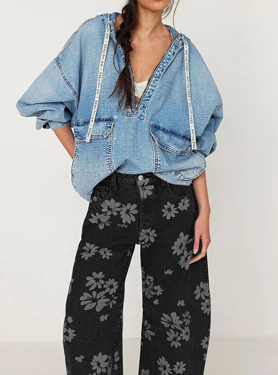 loveimgs Women Y2k Distressed Barrel Jeans Baggy Wide Leg Jeans Floral Printed Boyfriend Patchwork Denim Pants