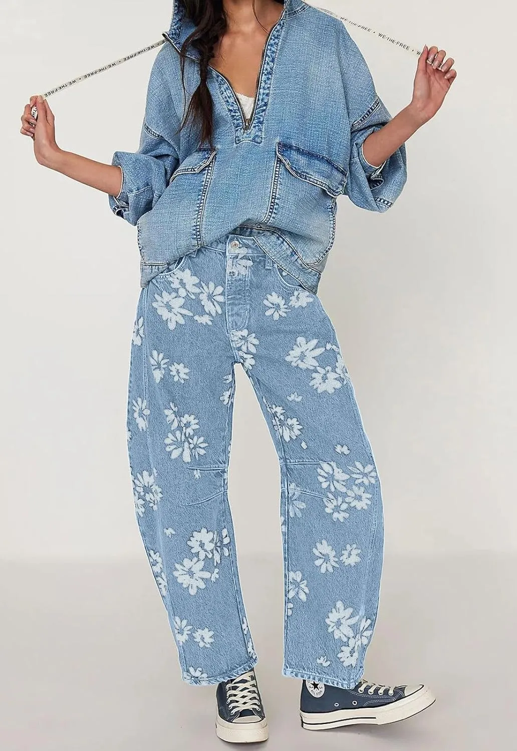 loveimgs Women Y2k Distressed Barrel Jeans Baggy Wide Leg Jeans Floral Printed Boyfriend Patchwork Denim Pants