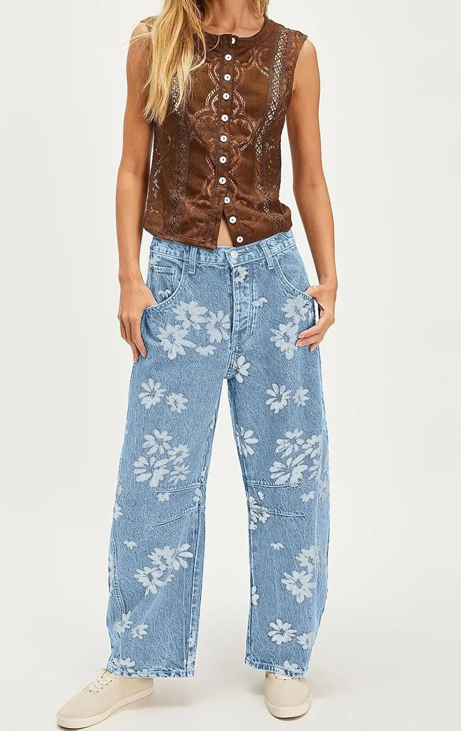 loveimgs Women Y2k Distressed Barrel Jeans Baggy Wide Leg Jeans Floral Printed Boyfriend Patchwork Denim Pants