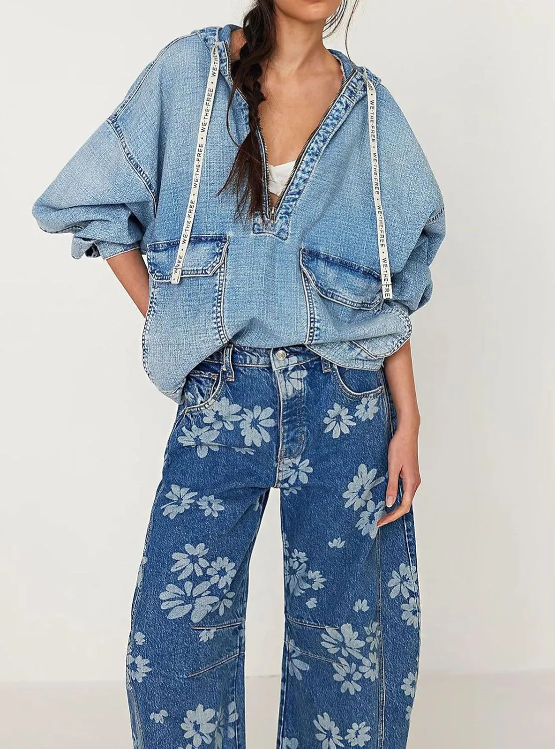 loveimgs Women Y2k Distressed Barrel Jeans Baggy Wide Leg Jeans Floral Printed Boyfriend Patchwork Denim Pants