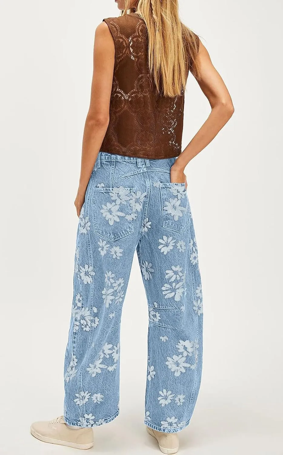 loveimgs Women Y2k Distressed Barrel Jeans Baggy Wide Leg Jeans Floral Printed Boyfriend Patchwork Denim Pants