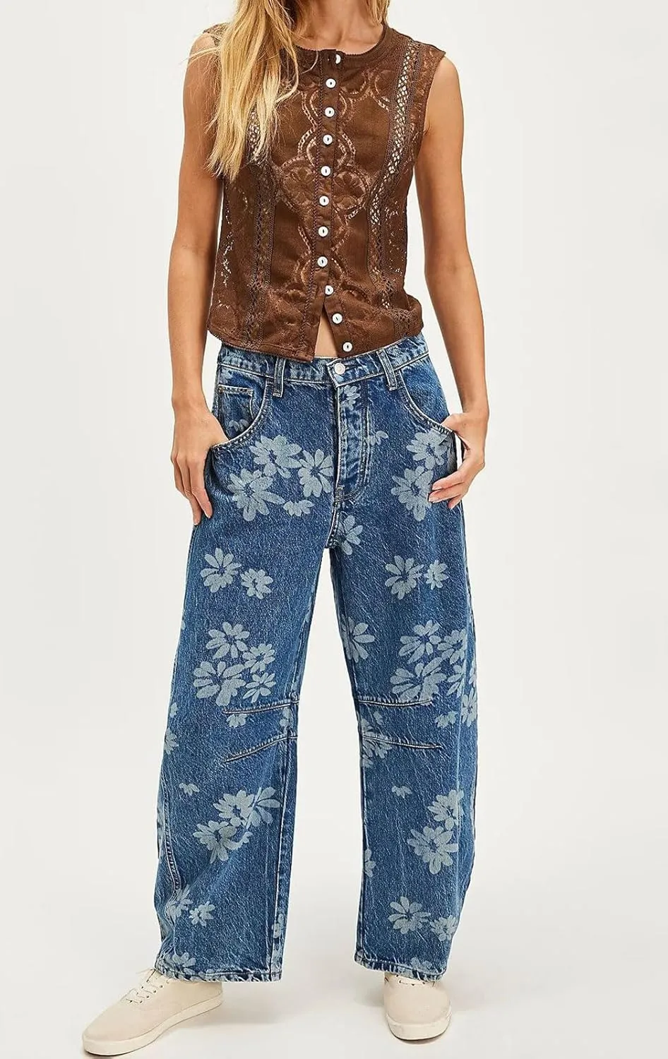 loveimgs Women Y2k Distressed Barrel Jeans Baggy Wide Leg Jeans Floral Printed Boyfriend Patchwork Denim Pants