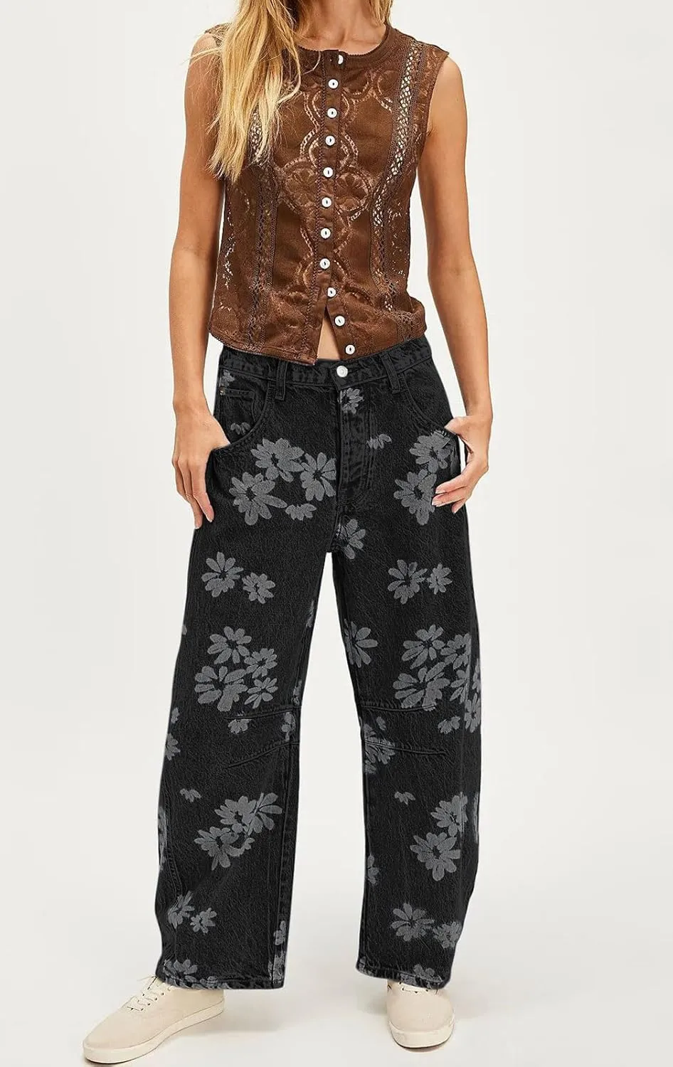 loveimgs Women Y2k Distressed Barrel Jeans Baggy Wide Leg Jeans Floral Printed Boyfriend Patchwork Denim Pants