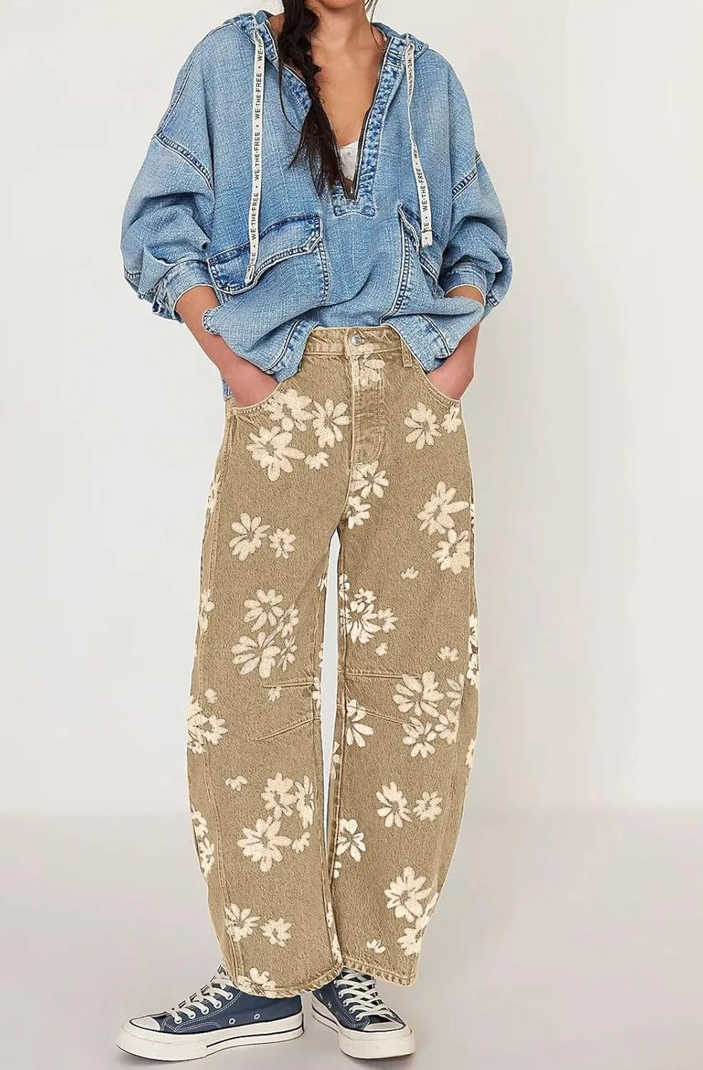 loveimgs Women Y2k Distressed Barrel Jeans Baggy Wide Leg Jeans Floral Printed Boyfriend Patchwork Denim Pants