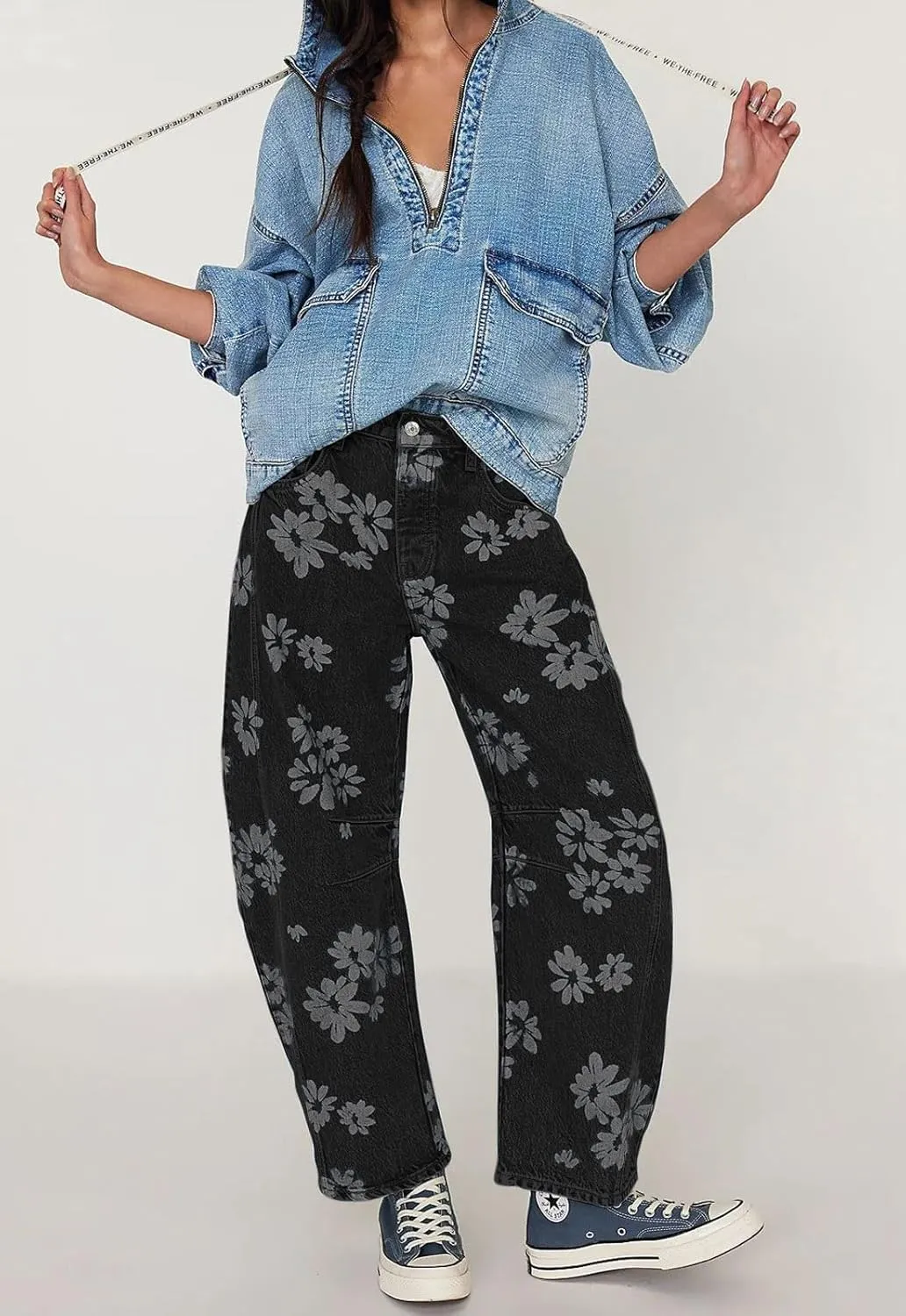 loveimgs Women Y2k Distressed Barrel Jeans Baggy Wide Leg Jeans Floral Printed Boyfriend Patchwork Denim Pants