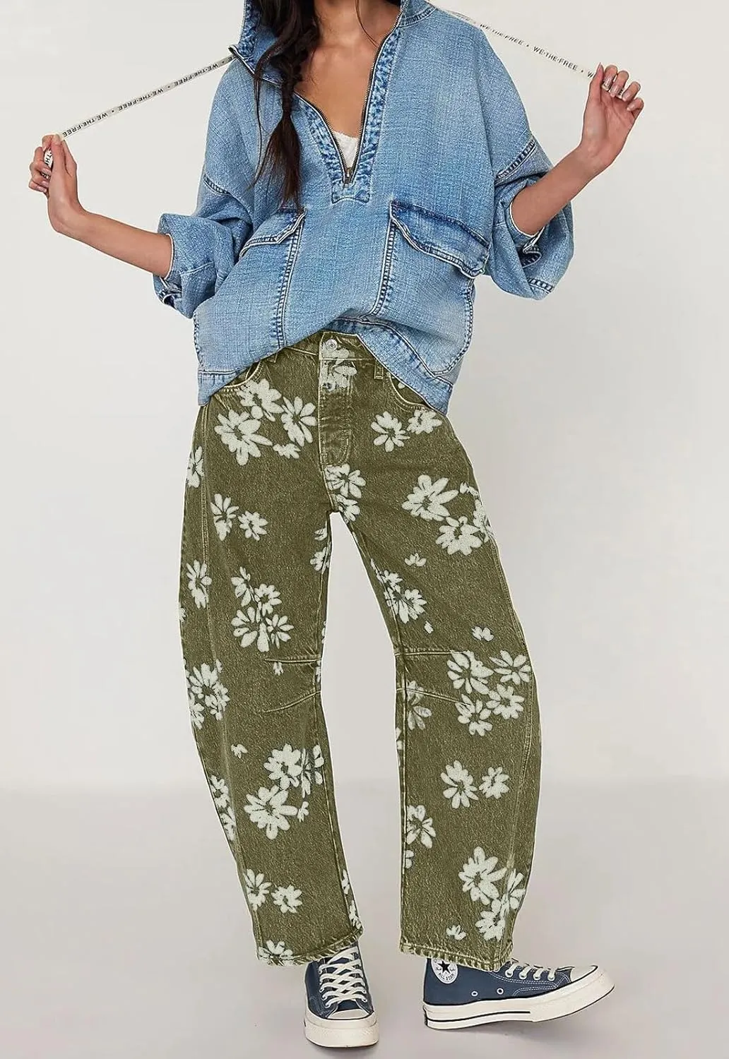 loveimgs Women Y2k Distressed Barrel Jeans Baggy Wide Leg Jeans Floral Printed Boyfriend Patchwork Denim Pants