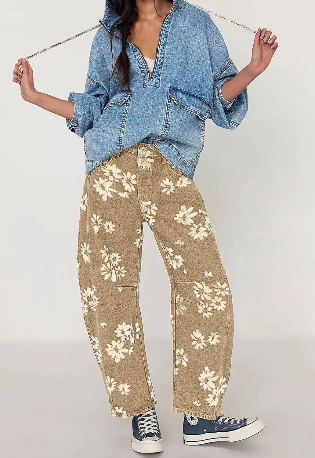 loveimgs Women Y2k Distressed Barrel Jeans Baggy Wide Leg Jeans Floral Printed Boyfriend Patchwork Denim Pants