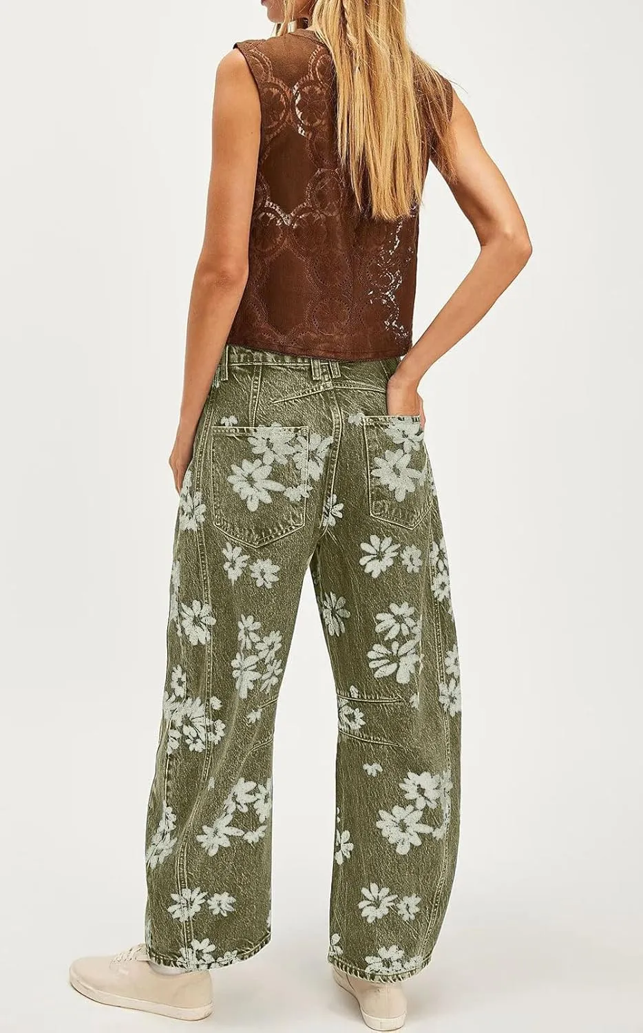 loveimgs Women Y2k Distressed Barrel Jeans Baggy Wide Leg Jeans Floral Printed Boyfriend Patchwork Denim Pants