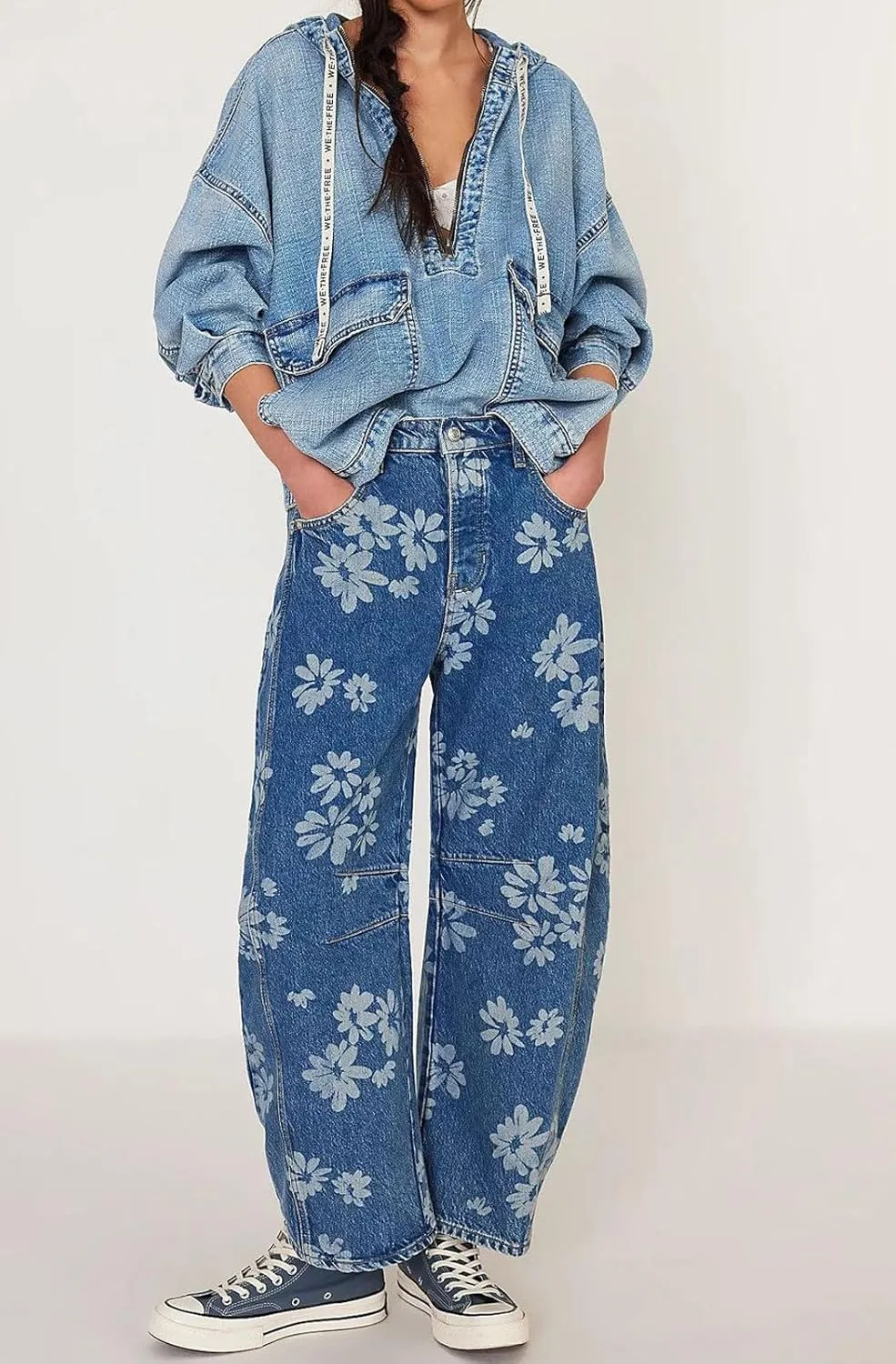 loveimgs Women Y2k Distressed Barrel Jeans Baggy Wide Leg Jeans Floral Printed Boyfriend Patchwork Denim Pants