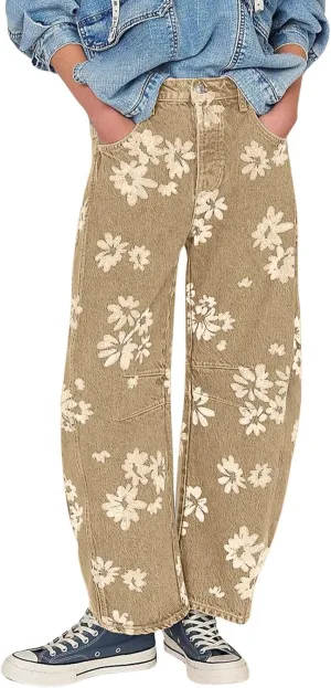 loveimgs Women Y2k Distressed Barrel Jeans Baggy Wide Leg Jeans Floral Printed Boyfriend Patchwork Denim Pants