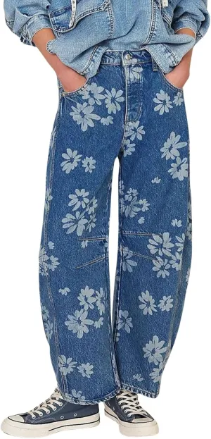 loveimgs Women Y2k Distressed Barrel Jeans Baggy Wide Leg Jeans Floral Printed Boyfriend Patchwork Denim Pants