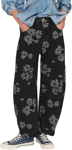 loveimgs Women Y2k Distressed Barrel Jeans Baggy Wide Leg Jeans Floral Printed Boyfriend Patchwork Denim Pants