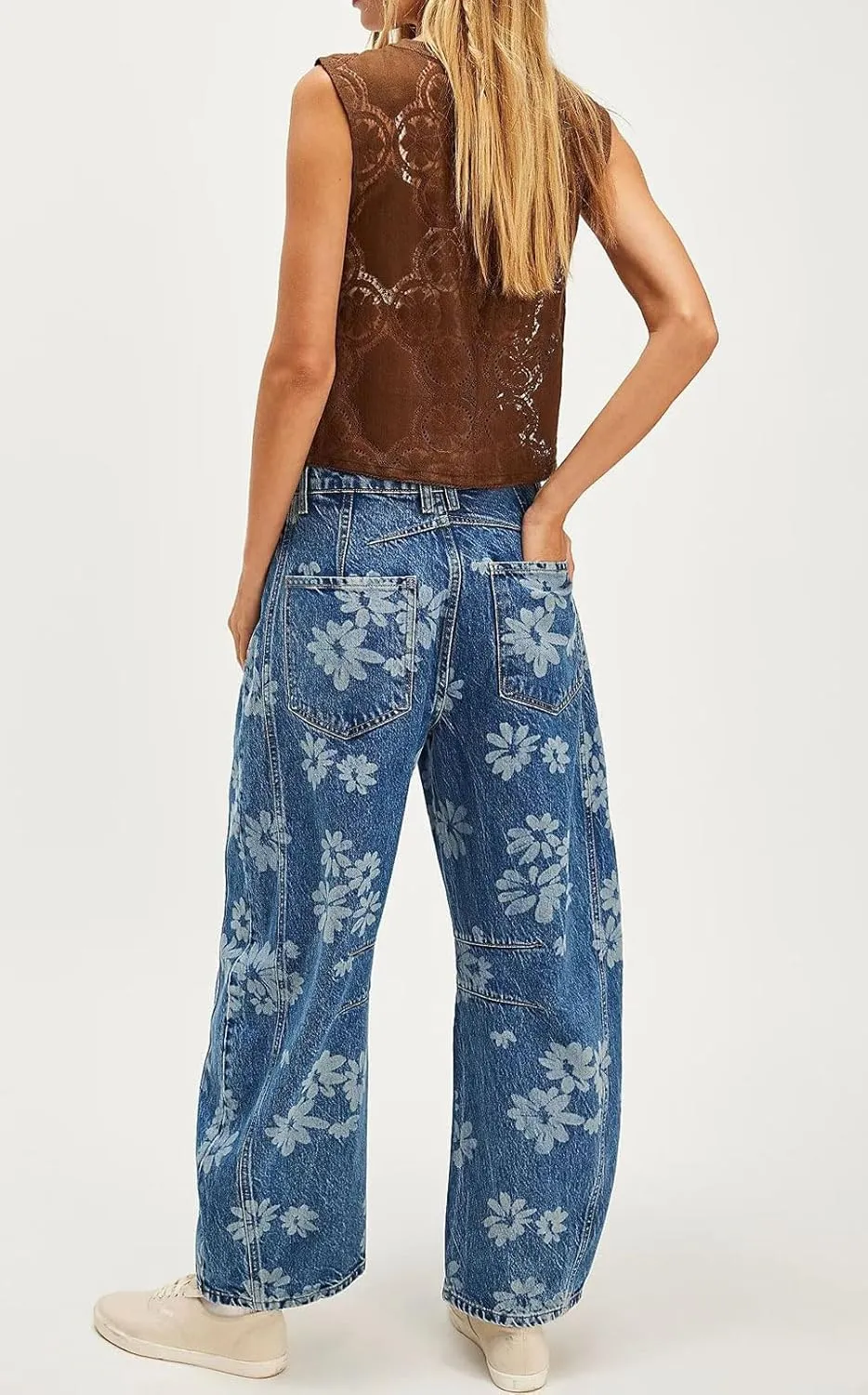 loveimgs Women Y2k Distressed Barrel Jeans Baggy Wide Leg Jeans Floral Printed Boyfriend Patchwork Denim Pants