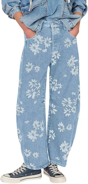 loveimgs Women Y2k Distressed Barrel Jeans Baggy Wide Leg Jeans Floral Printed Boyfriend Patchwork Denim Pants
