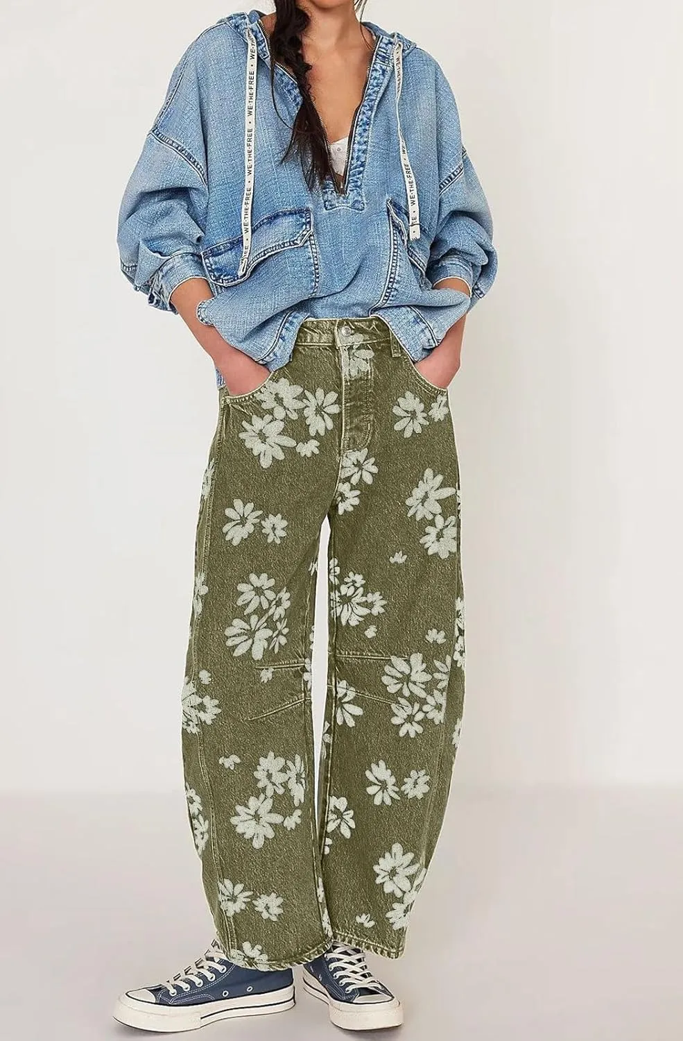 loveimgs Women Y2k Distressed Barrel Jeans Baggy Wide Leg Jeans Floral Printed Boyfriend Patchwork Denim Pants