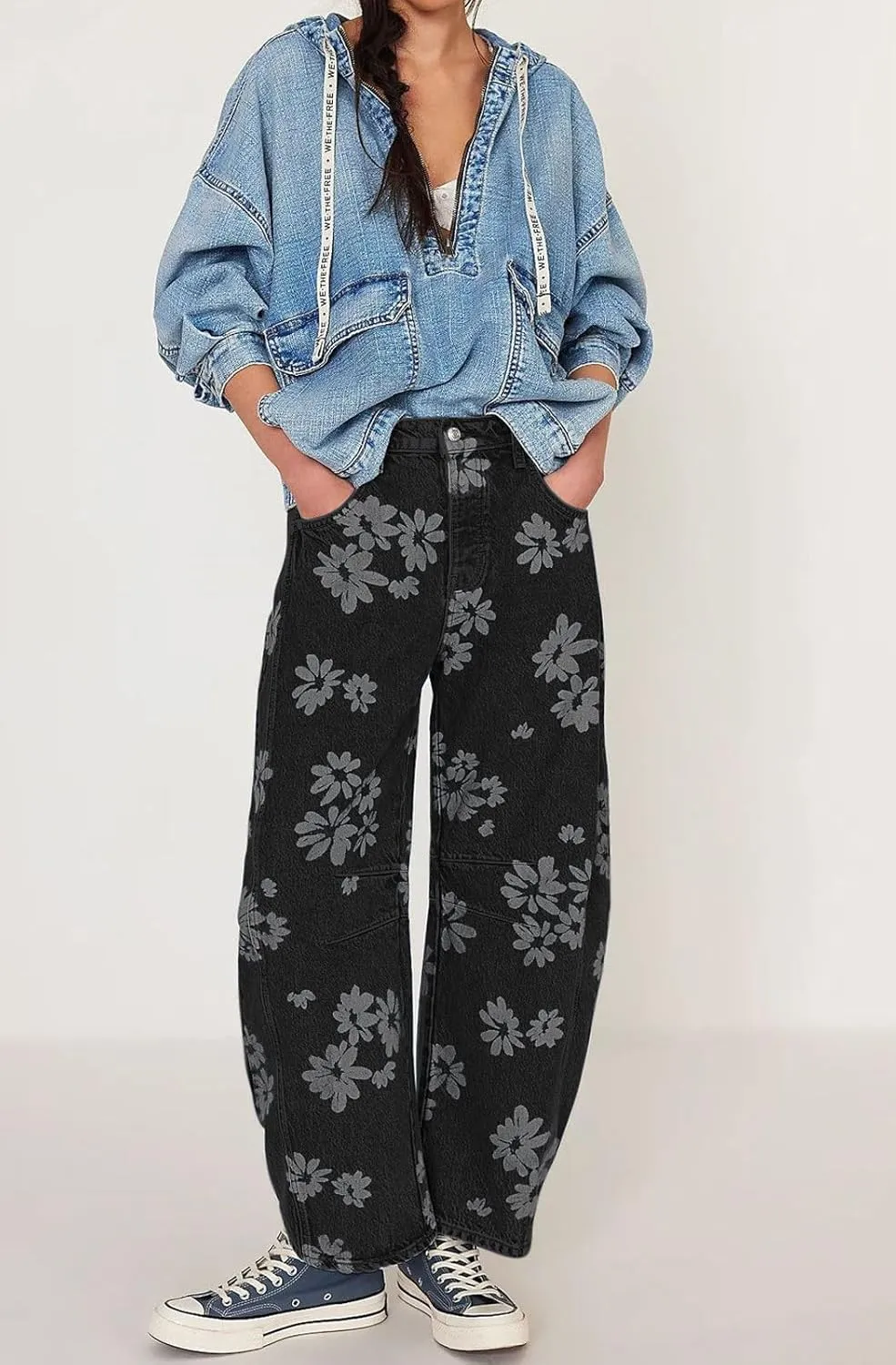 loveimgs Women Y2k Distressed Barrel Jeans Baggy Wide Leg Jeans Floral Printed Boyfriend Patchwork Denim Pants