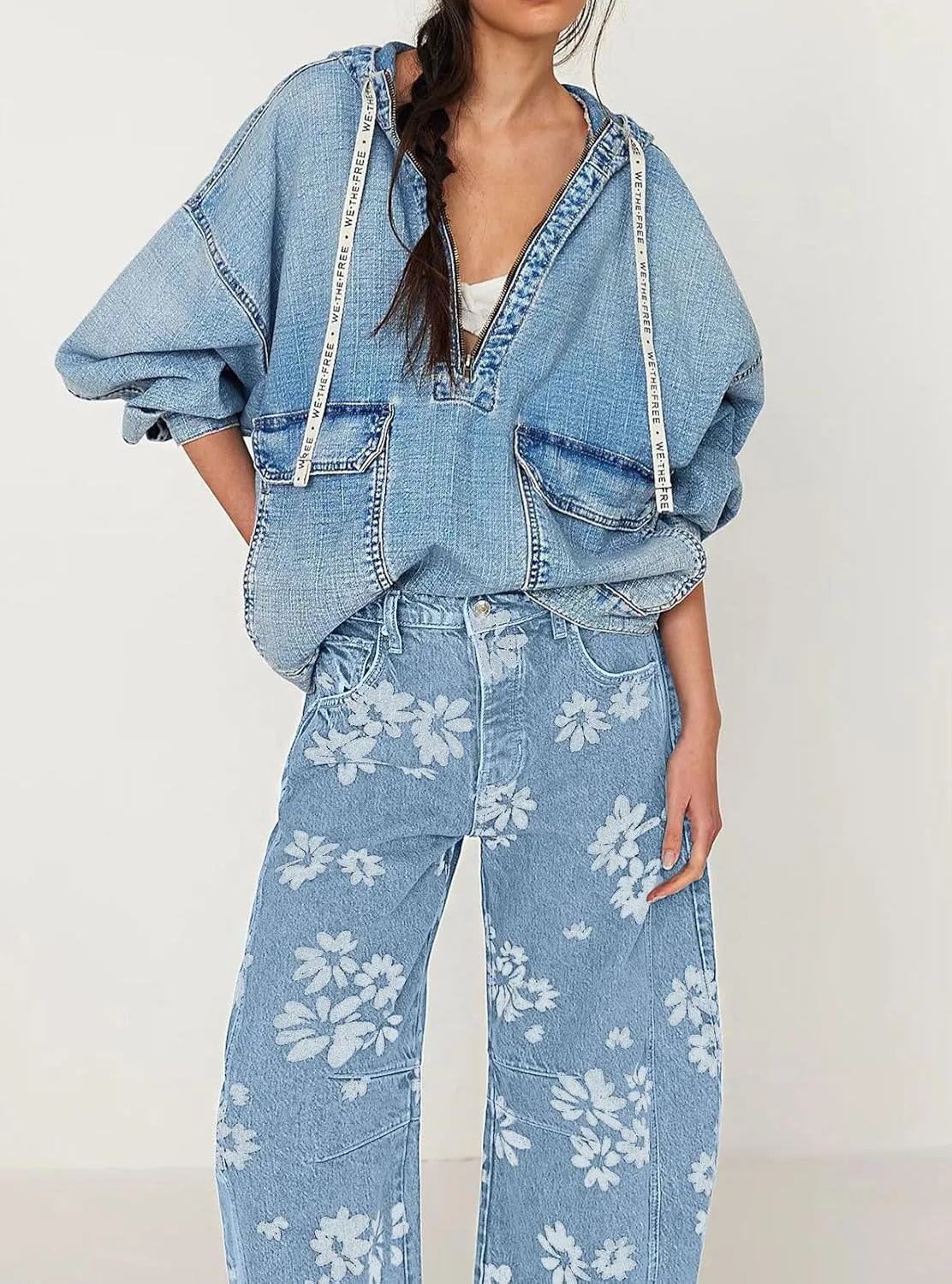 loveimgs Women Y2k Distressed Barrel Jeans Baggy Wide Leg Jeans Floral Printed Boyfriend Patchwork Denim Pants