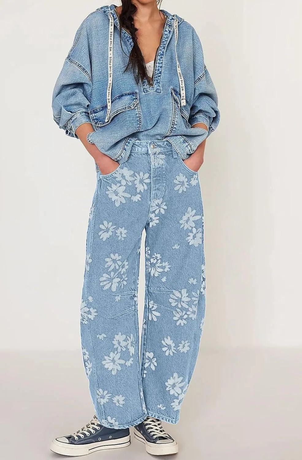 loveimgs Women Y2k Distressed Barrel Jeans Baggy Wide Leg Jeans Floral Printed Boyfriend Patchwork Denim Pants