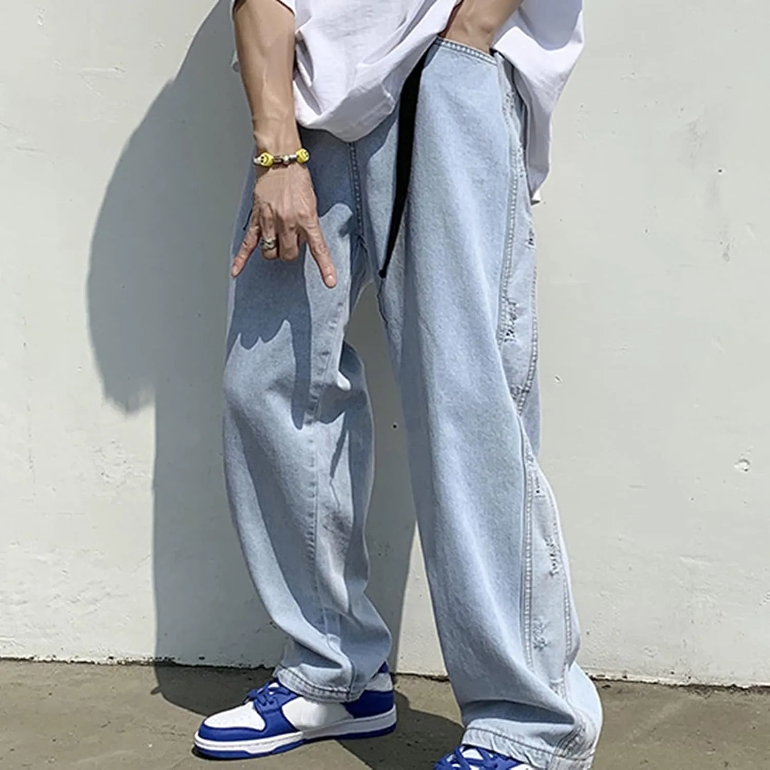 Means Jeans Casual Pocket Drawstring Waist Solid Color Slim Toe Jeans Pants Flex Waist Jean Men's Lightweight Jeans