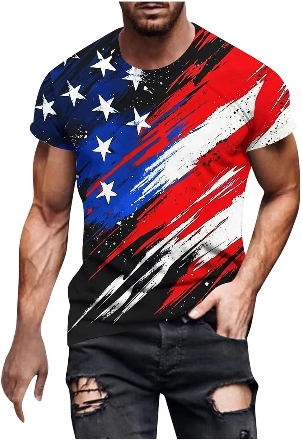 Men's American Flag Print Golf T-Shirt Casual Short Sleeve Summer Zip Up Lapel Beach Muscle Tee Shirts