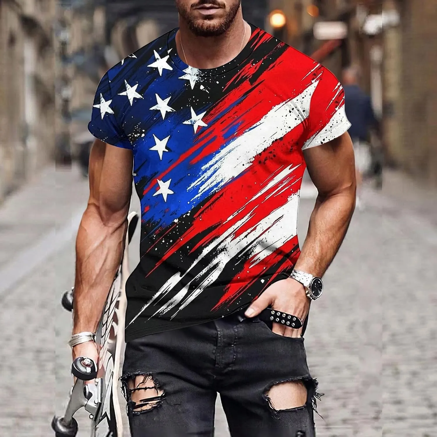 Men's American Flag Print Golf T-Shirt Casual Short Sleeve Summer Zip Up Lapel Beach Muscle Tee Shirts