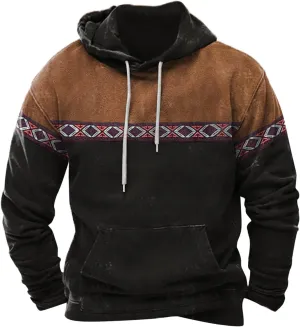 Mens Aztec Hoodie Western Hooded Sweatshirt Casual Vintage Long Sleeve Drawstring Cowboy Pullover with Pocket