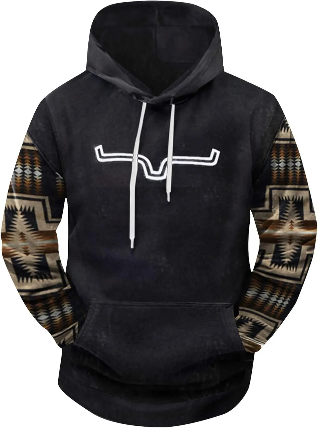 Mens Aztec Hoodie Western Hooded Sweatshirt Casual Vintage Long Sleeve Drawstring Cowboy Pullover with Pocket