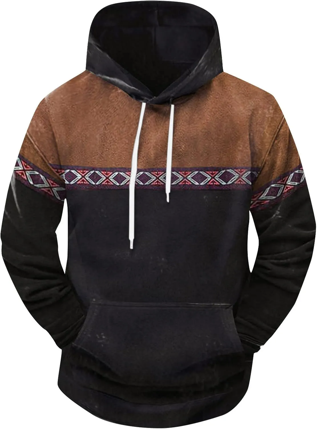 Mens Aztec Hoodie Western Hooded Sweatshirt Casual Vintage Long Sleeve Drawstring Cowboy Pullover with Pocket